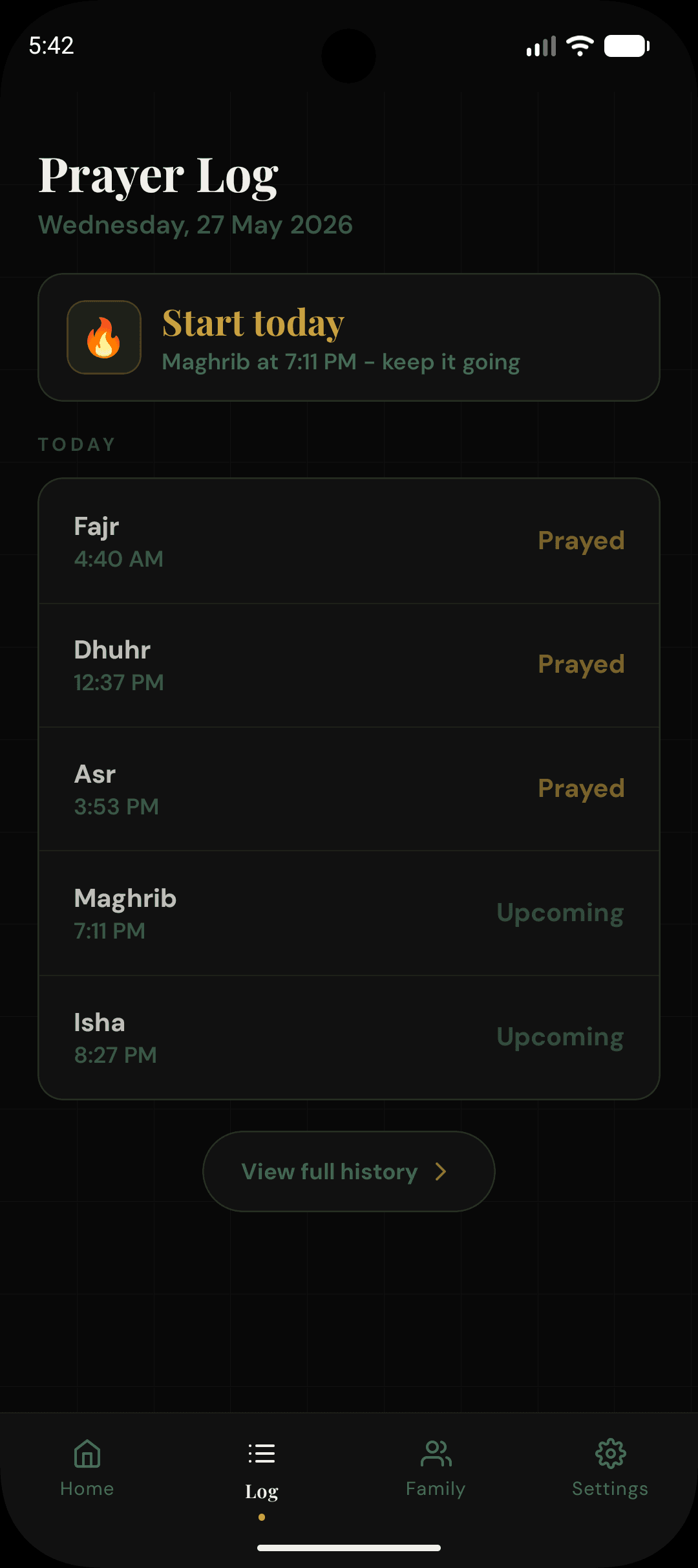 Waqt prayer log screen